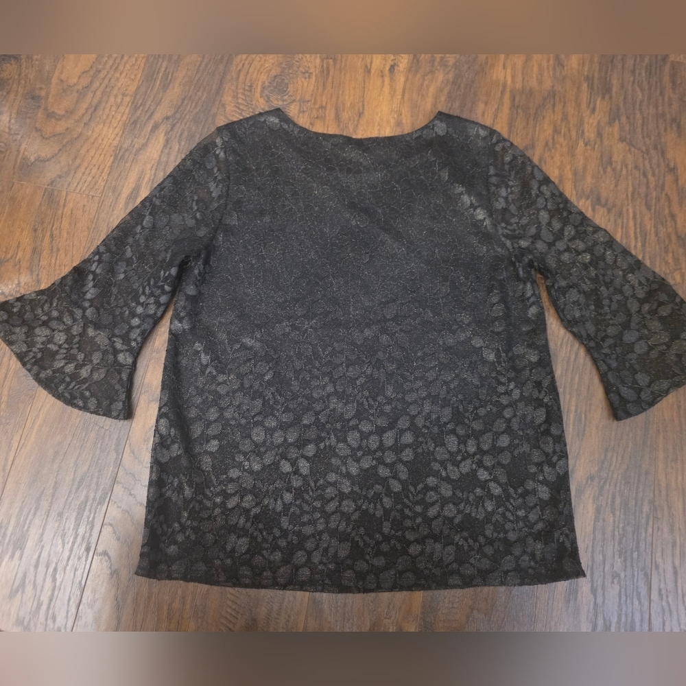 Adrianna Papell Black Floral Lace Sheer Sleeve Blouse